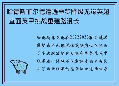 哈德斯菲尔德遭遇噩梦降级无缘英超 直面英甲挑战重建路漫长